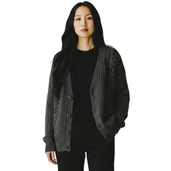 OLIVE & OAK CHARCOAL PATCH ELBOW CARDIGAN SZ.M FITS LIKE AN XL EUC. - Picture 1 of 8